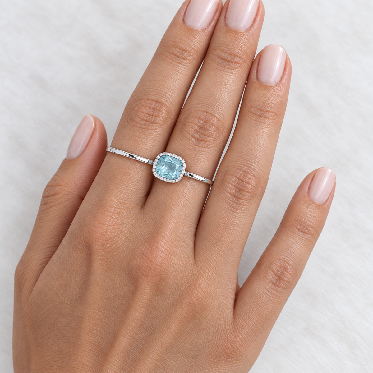 Model wearing the Lesunja Hidden Secrets Love Double Ring Aquamarine
