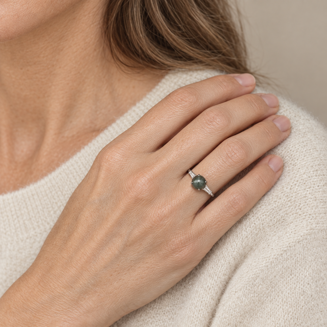 Model wearing the Lesunja White Gold Diamond Engagement Rings Alexandrite Cat Eye