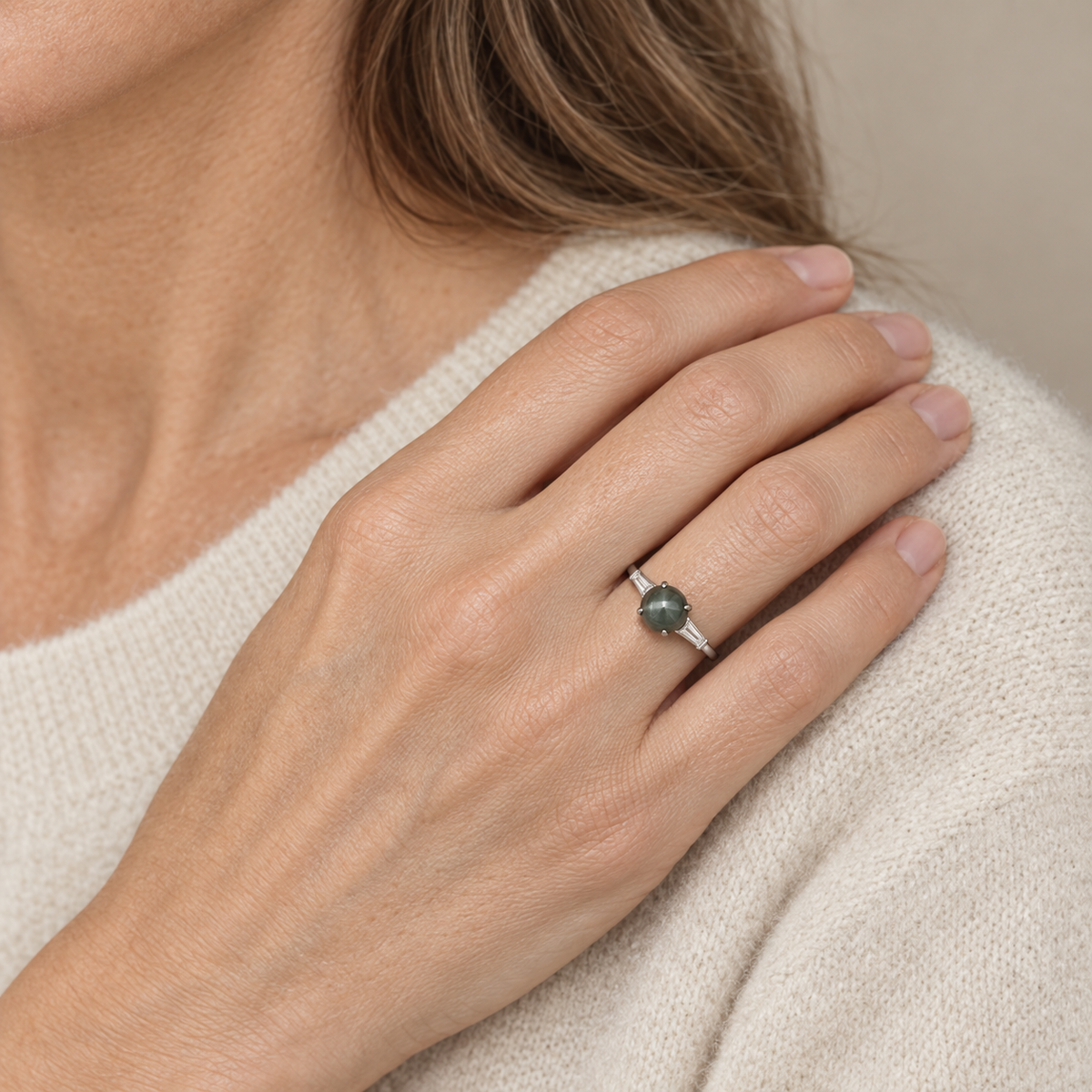 Model wearing the Lesunja White Gold Diamond Engagement Rings Alexandrite Cat Eye