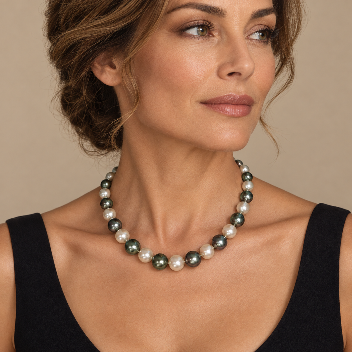 Model wearing the Lesunja Tahitian and South Sea Pearl Necklace