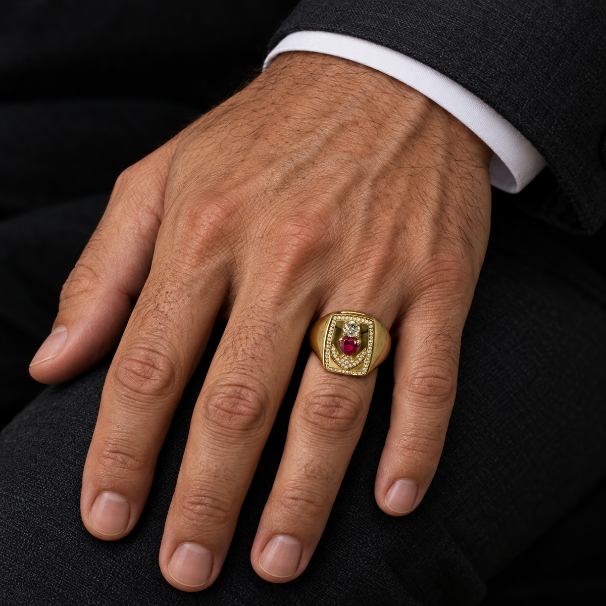Model wearing the Lesunja Signet Ring Yellow Gold 9K Diamonds & Ruby