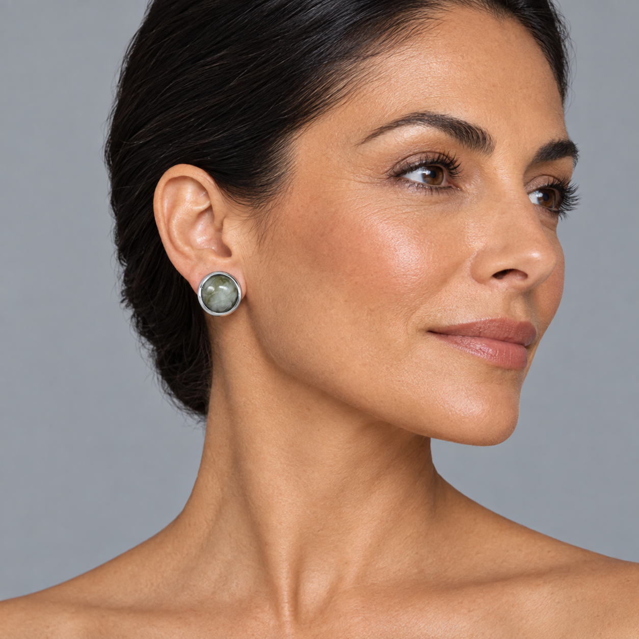 Model wearing the Lesunja Bubbles Jade White Gold Studs