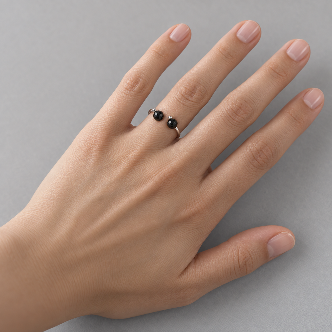 Model wearing the Lesunja Je Veux Collection Black Diamonds Ring