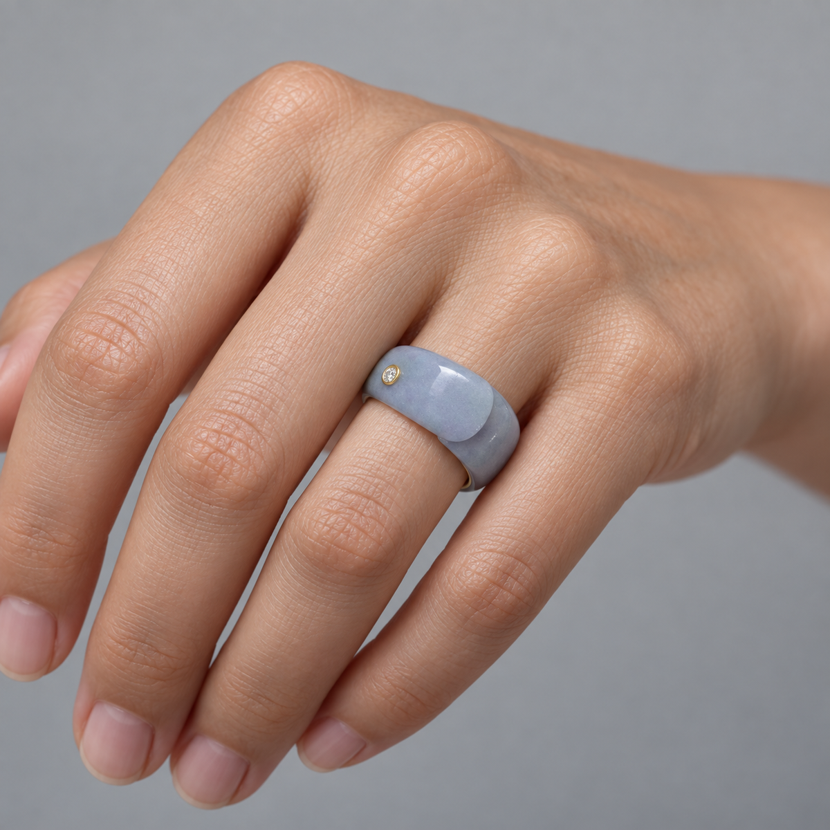 Model wearing the Lesunja Moonshine Yellow Gold And Jade Ring