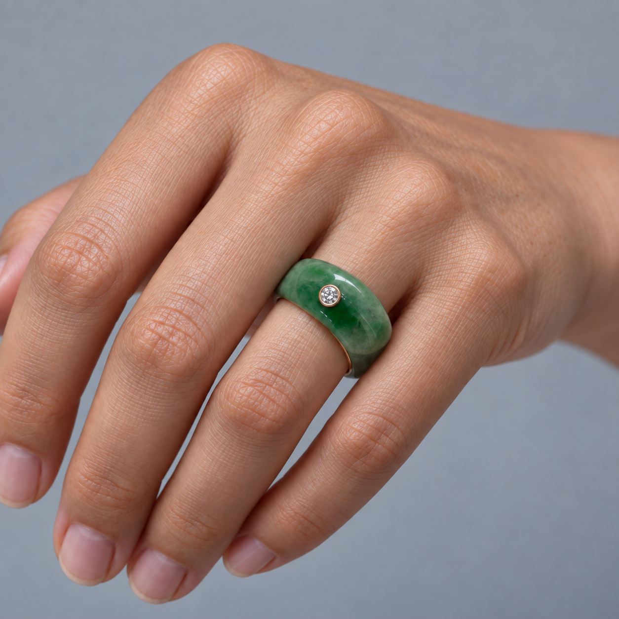 Model wearing the Lesunja Forest Harmony Rose Gold Jade Ring