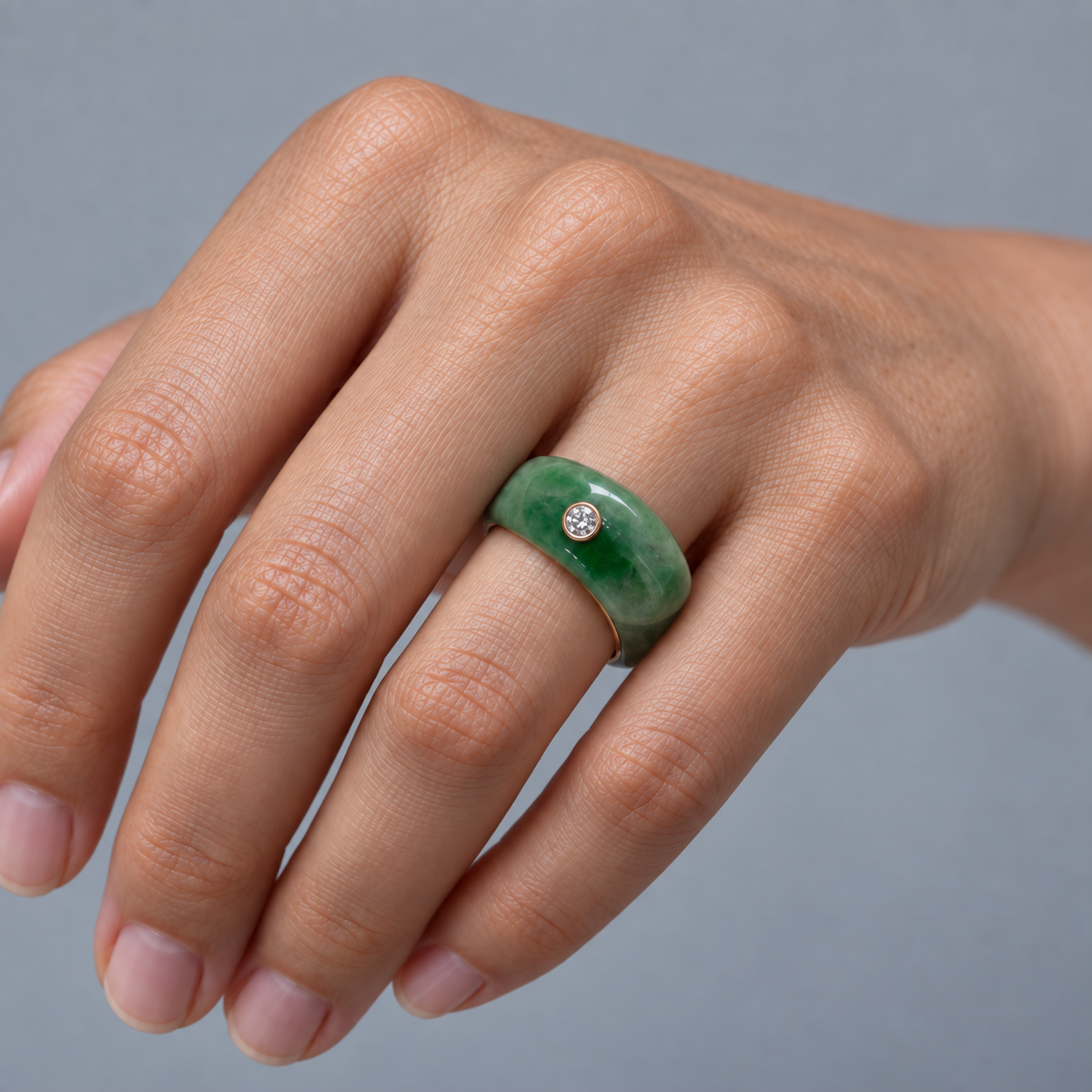 Model wearing the Lesunja Forest Harmony Rose Gold Jade Ring