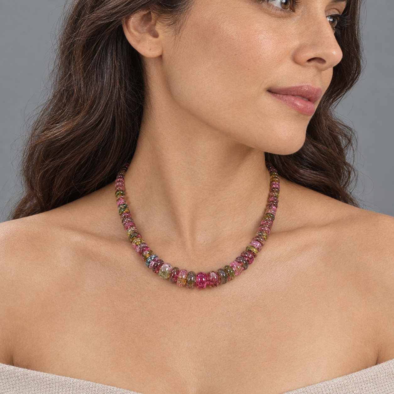 Model wearing the Lesunja L'Amoureuse Tourmaline Yellow Gold Bead Necklace