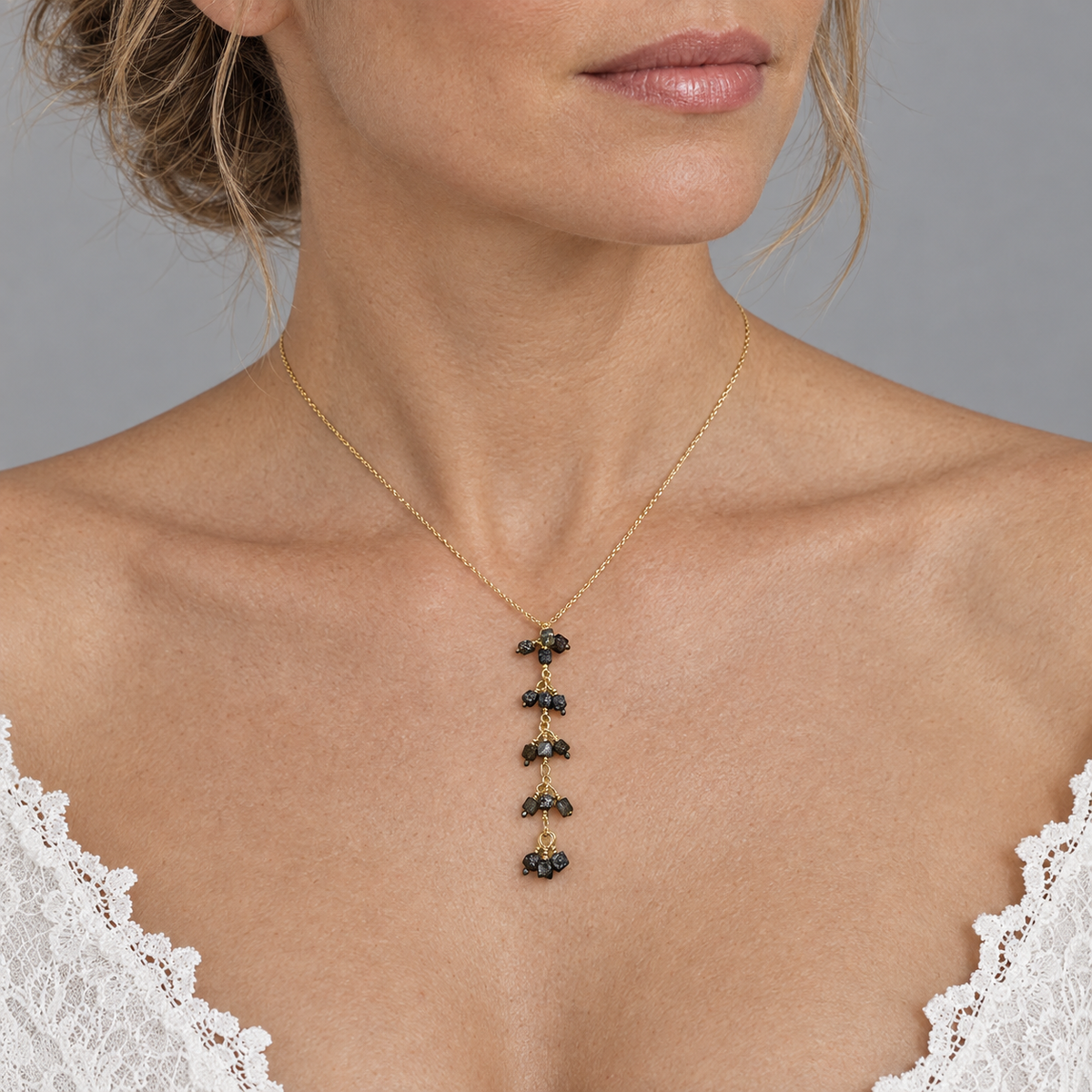 Model wearing the Lesunja Diamond Grapes Yellow Necklace in Gold