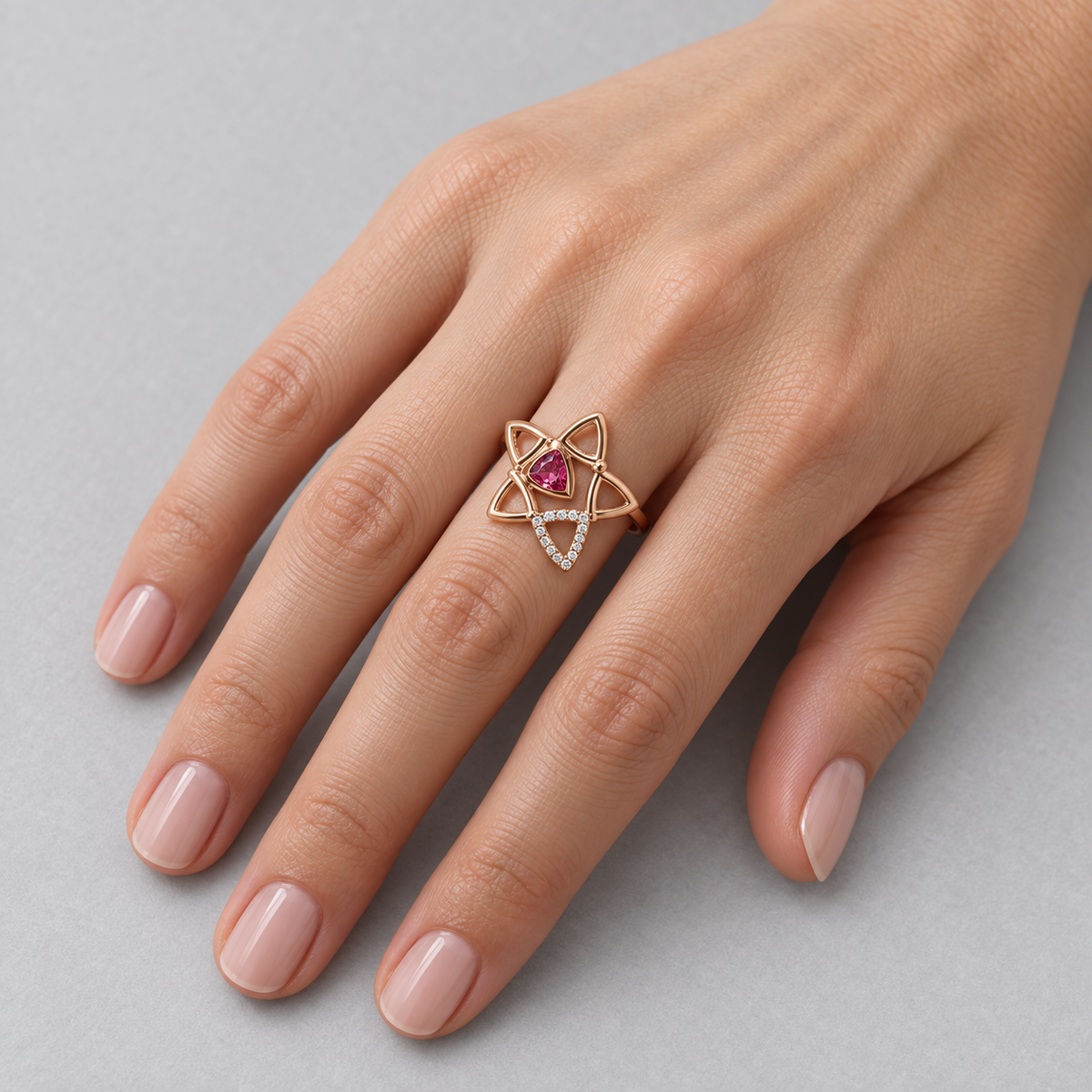 Model wearing the Lesunja Ocean Sea Star Ring Rose Gold Pink Tourmaline & Diamonds