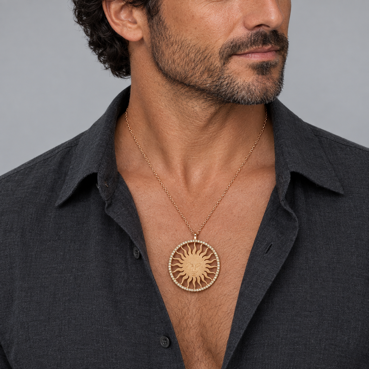 Model wearing the Lesunja St. Moritz Sun Necklace Large Rosé Gold Diamonds
