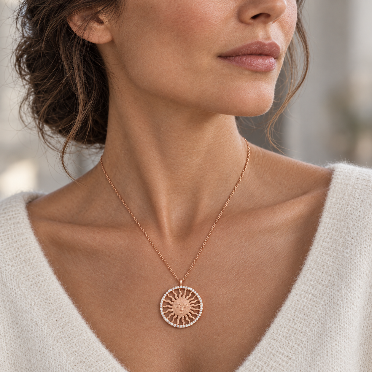Model wearing the Lesunja St. Moritz Sun Necklace Medium Rosé Gold Diamonds
