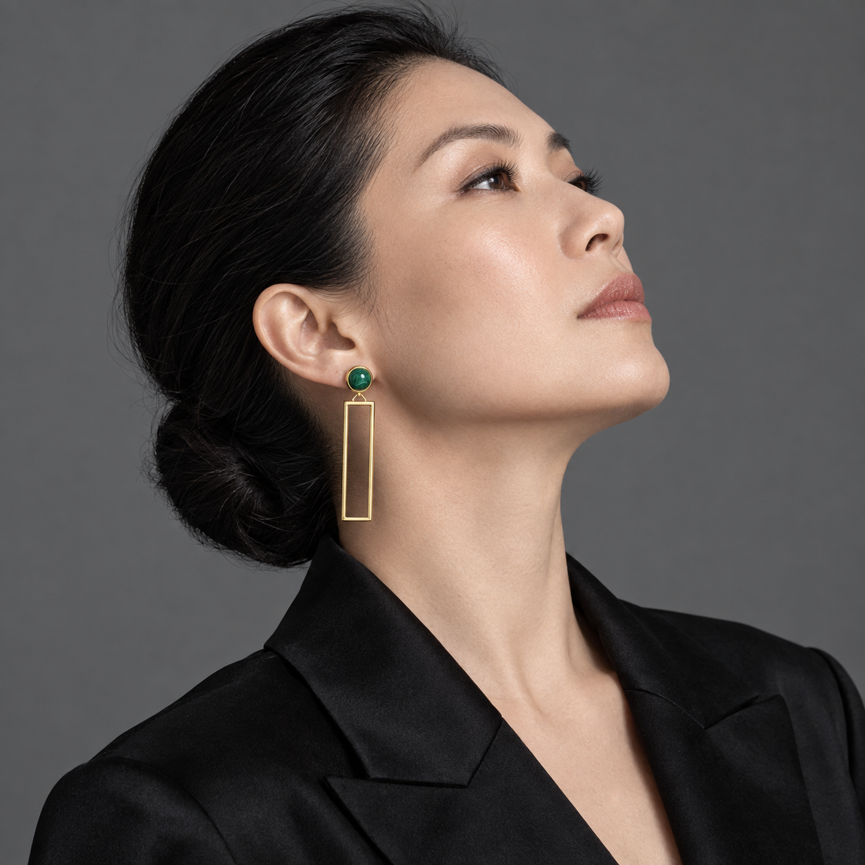 Model wearing the Lesunja L Collection Ear Studs Yellow Malachite Earrings Gold