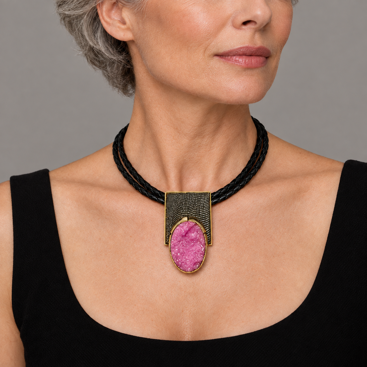 Model wearing the Lesunja Necklace Silver Sepia Structure blackened & Yellow Gold Setting Pink Calcite