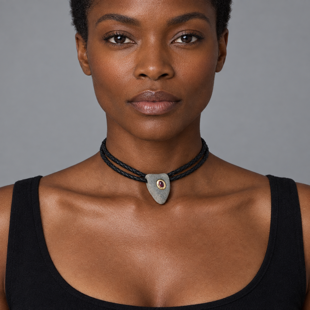 Model wearing the Lesunja Braveheart Swiss Rock White Gold Ruby Necklace