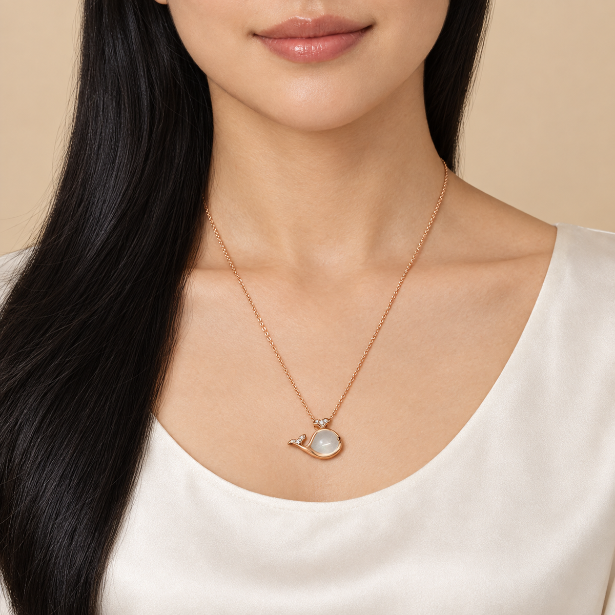 Model wearing the Lesunja Ocean Necklace Rose Gold Moonstone Diamond