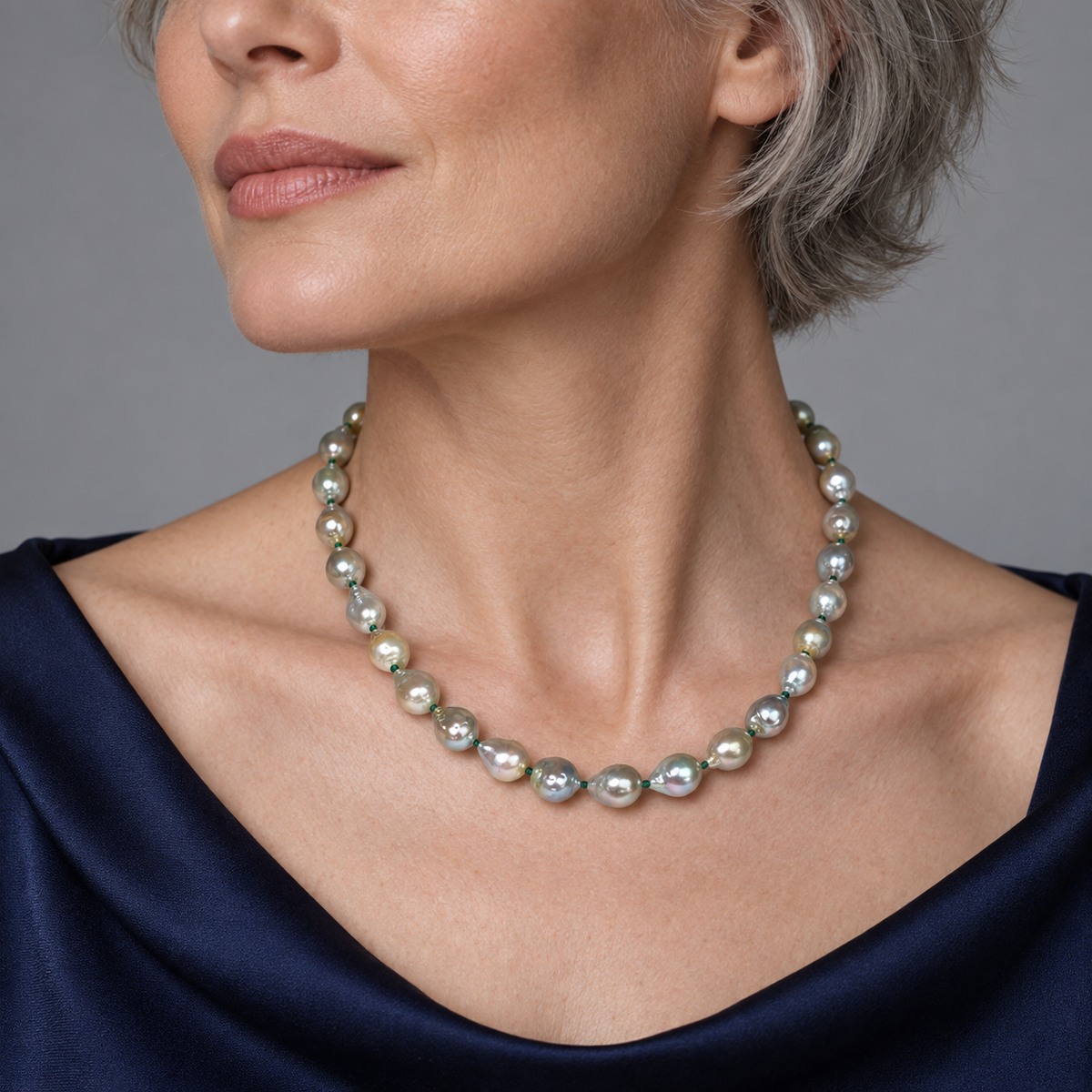 Model wearing the Lesunja Blue Akoya Pearl Necklace Green Silk