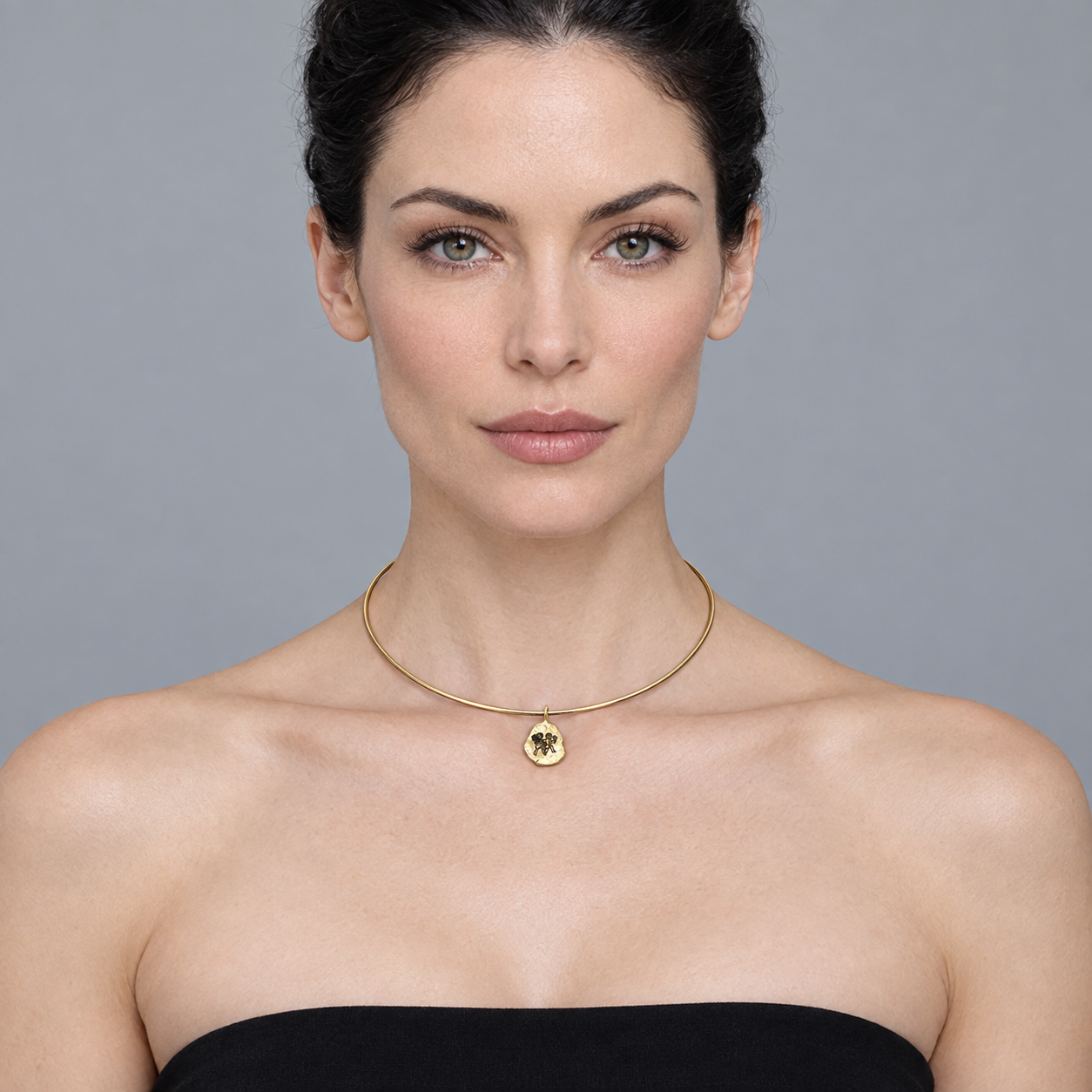 Model wearing the Lesunja Zodiac Gemini Necklace