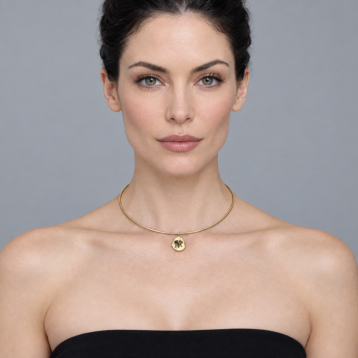 Model wearing the Lesunja Zodiac Gemini Necklace