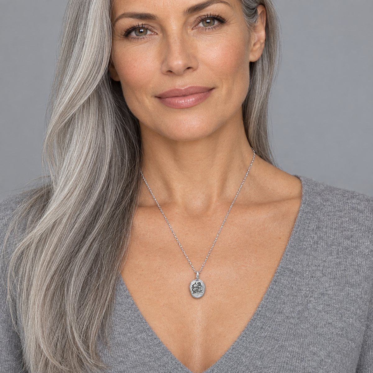 Model wearing the Lesunja Zodiac Sagittarius White Gold Necklace