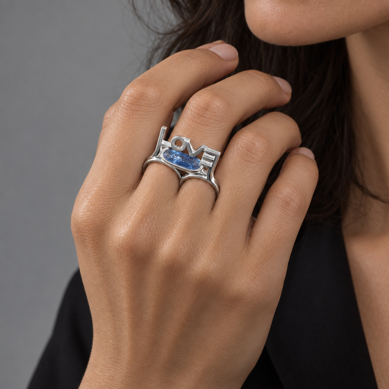 Model wearing the Lesunja Hidden Secrets Love Silver Double Ring
