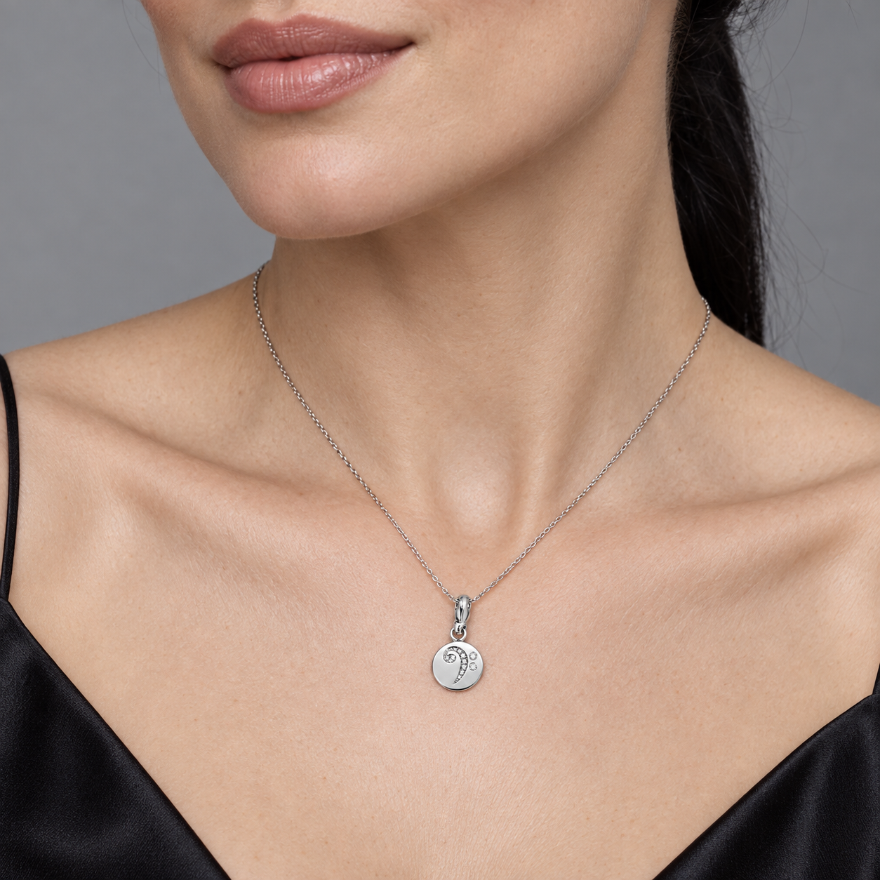 Model wearing the Lesunja Music Was My First Love Rigoletto White Gold Charm