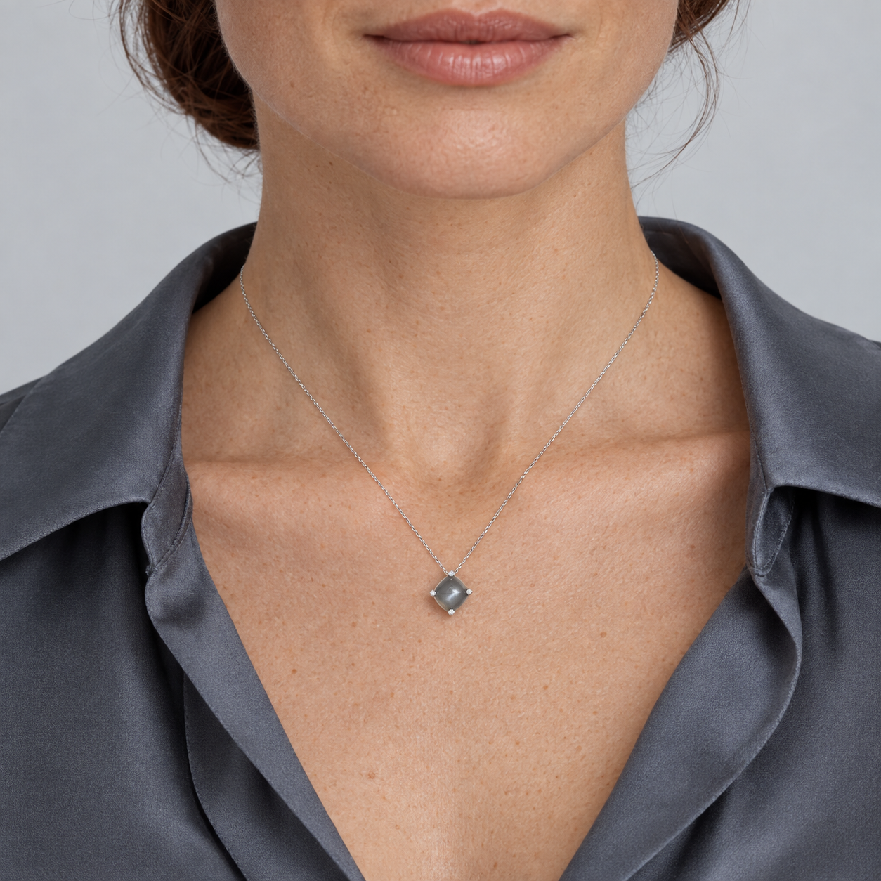 Model wearing the Lesunja Grey Moonstone Diamond White Gold Necklace
