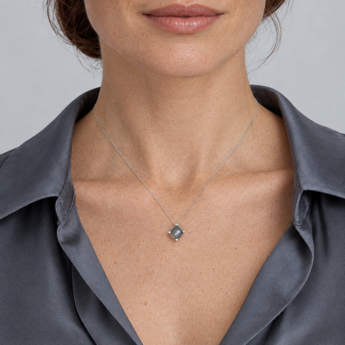 Model wearing the Lesunja Grey Moonstone Diamond White Gold Necklace