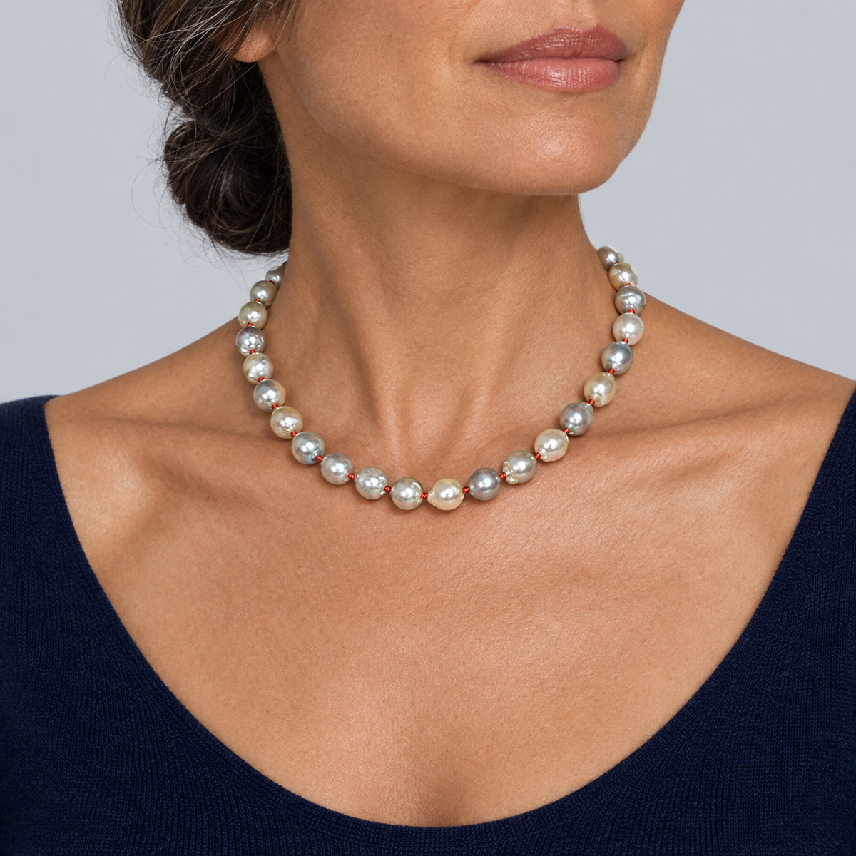 Model wearing the Lesunja Yellow Gold Blue Akoya Pearls Necklace