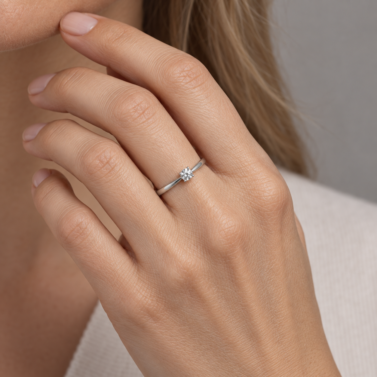 Model wearing the Lesunja Classic Diamond White Gold Ring 0.1ct.
