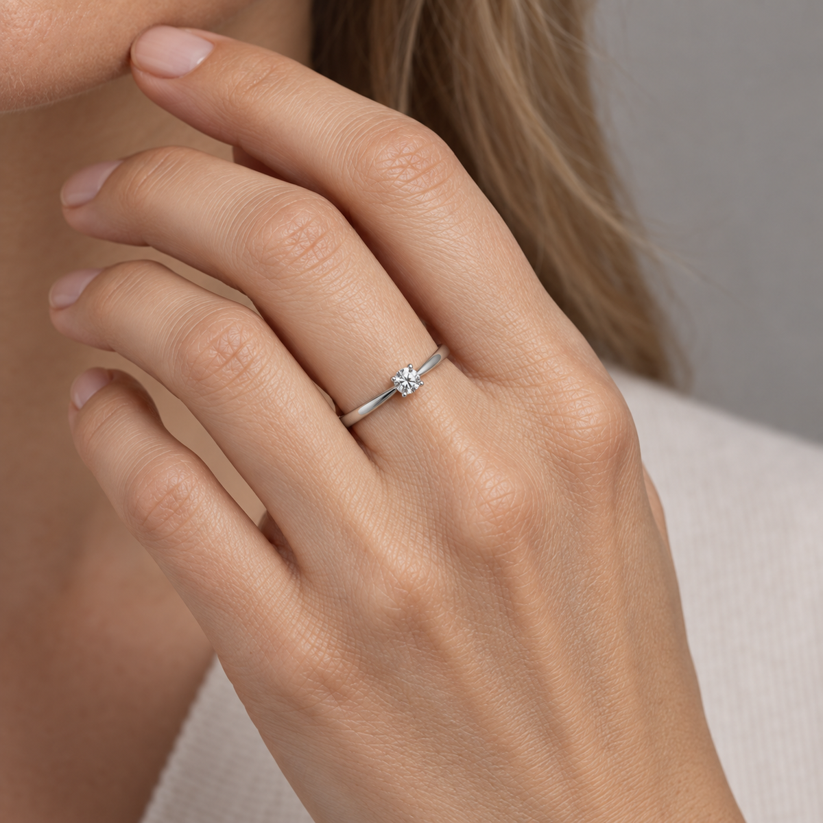 Model wearing the Lesunja Classic Diamond White Gold Ring 0.1ct.