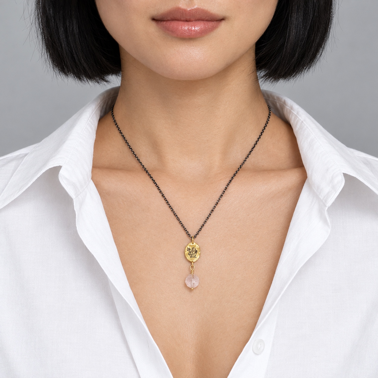 Model wearing the Lesunja Zodiac Virgo Silver Necklace Yellow Gold Nugget Rose Quartz Moonstone