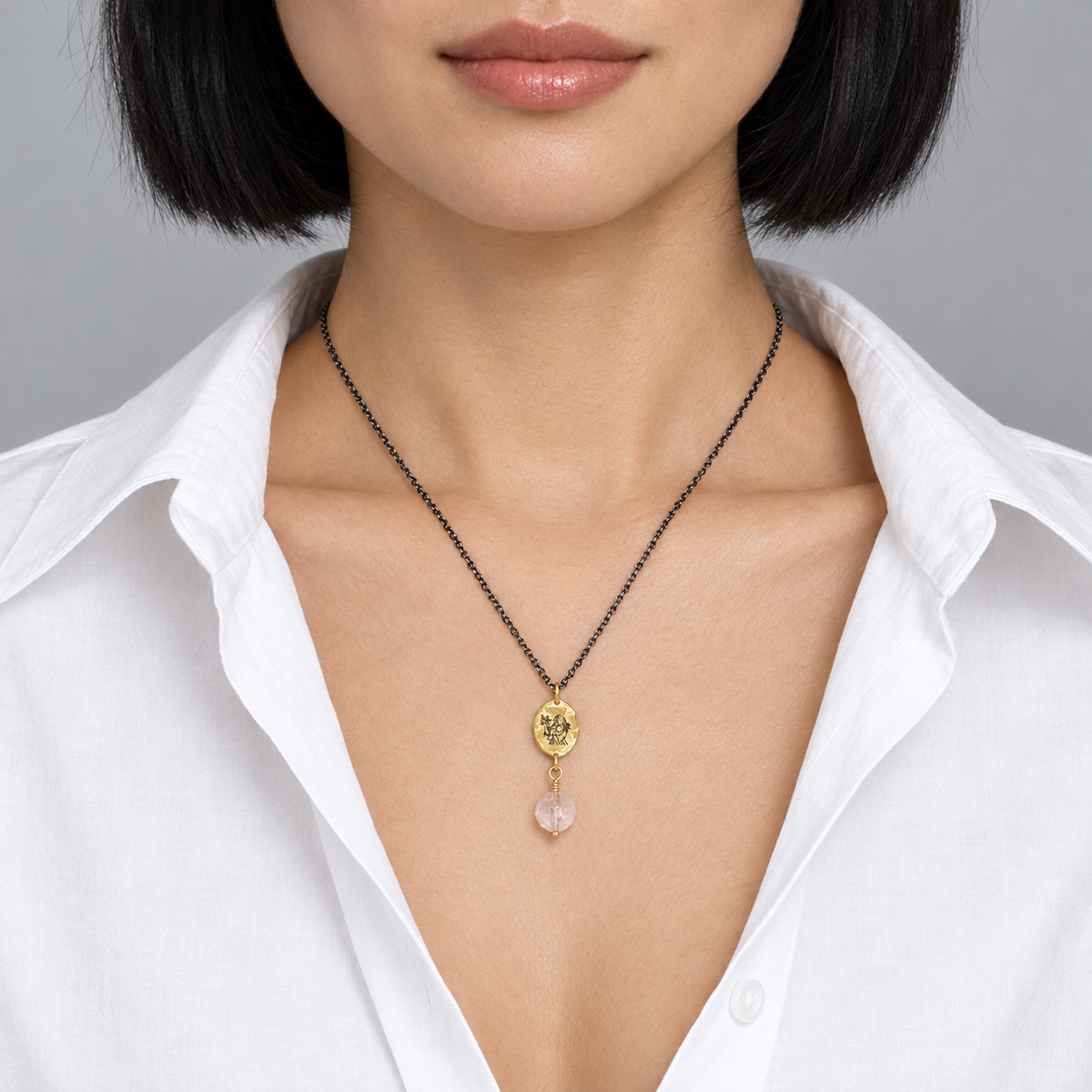 Model wearing the Lesunja Zodiac Virgo Silver Necklace Yellow Gold Nugget Rose Quartz Moonstone