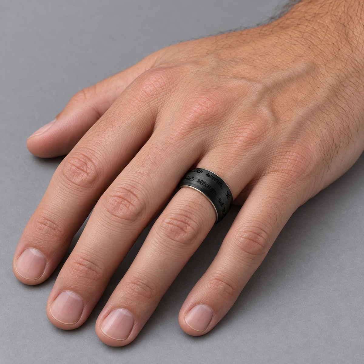 Model wearing the Lesunja Carbon Wisdom Ring