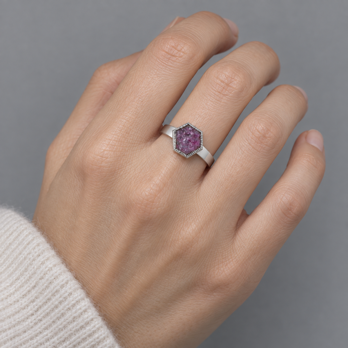 Model wearing the Lesunja Raspberry Kiss Burma Silver Ring