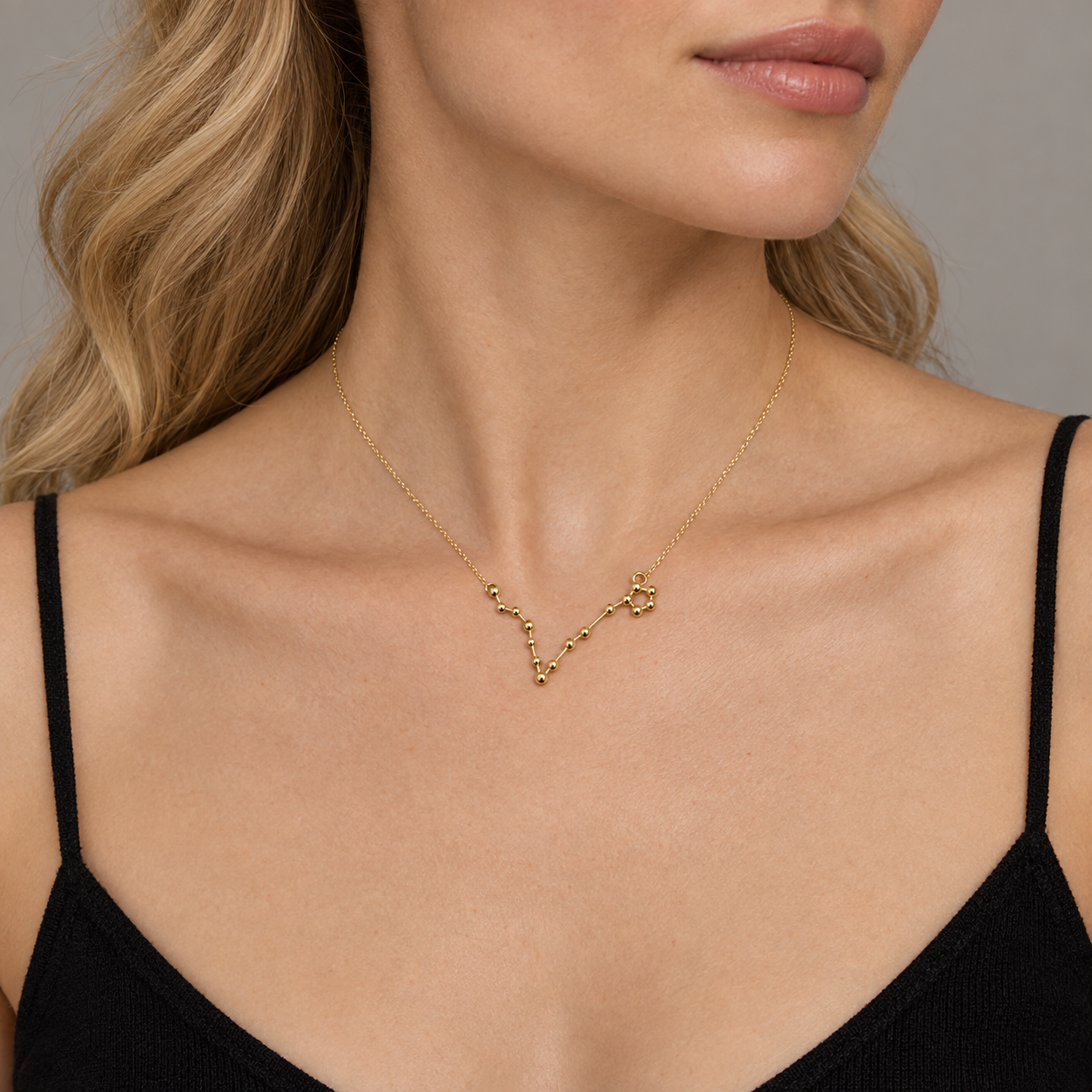 Model wearing the Lesunja Zodiac Pisces Necklace Yellow Gold