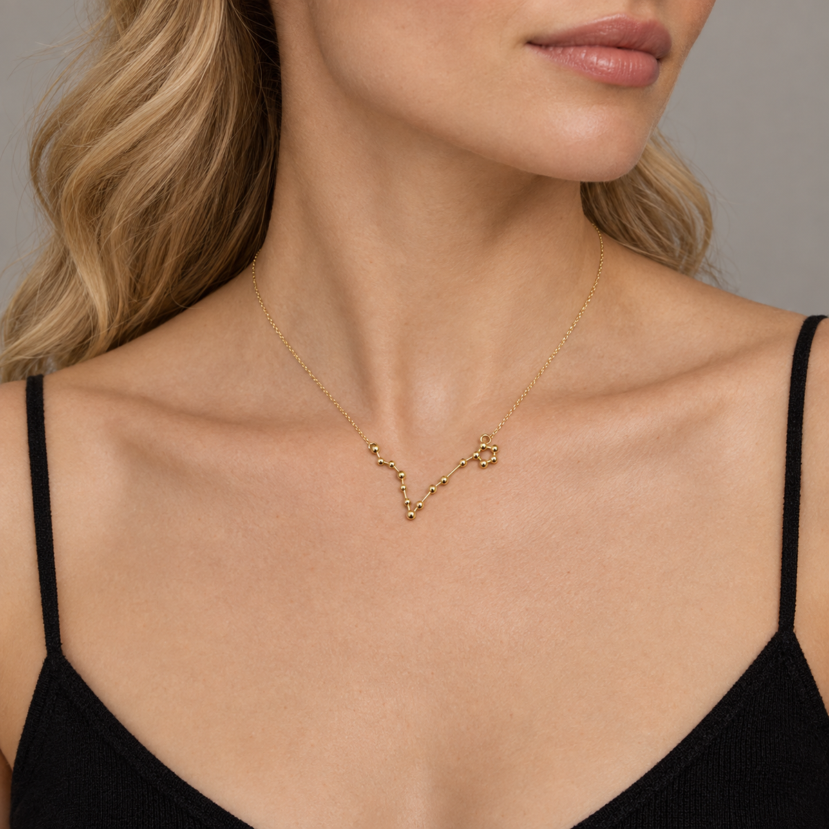 Model wearing the Lesunja Zodiac Pisces Necklace Yellow Gold