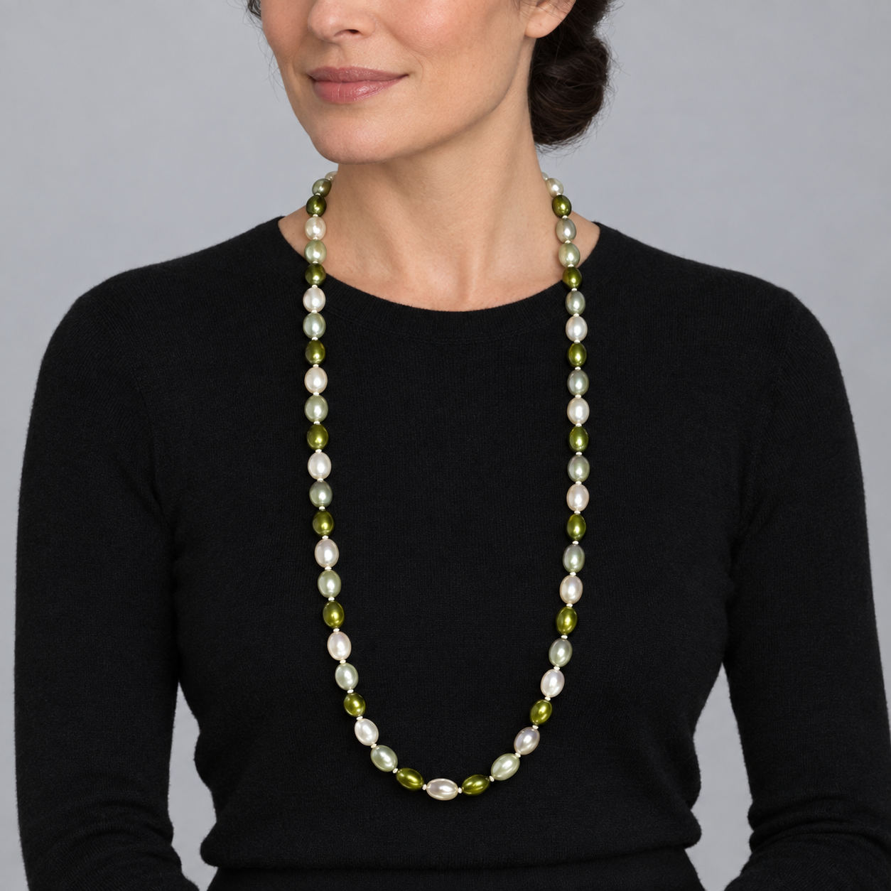 Model wearing the Lesunja Light and Dark Green Freshwater Cultured Pearls Necklace