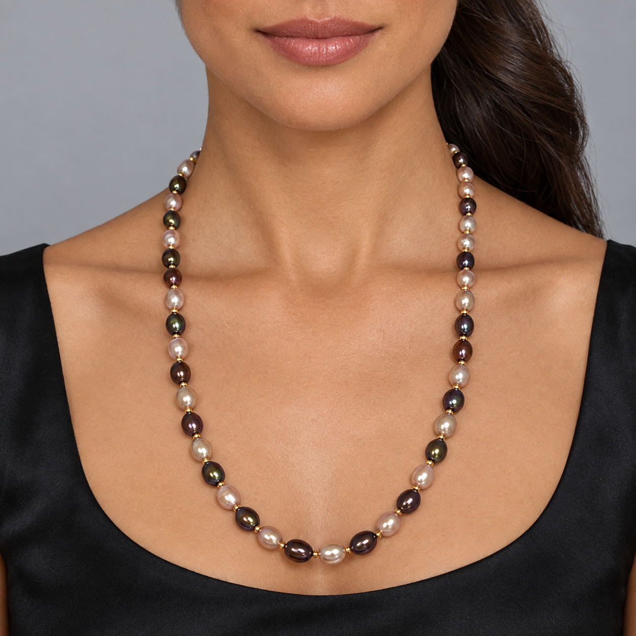 Model wearing the Lesunja White Gold Light Pink Necklace & Dark Violet Freshwater Cultured Pearls