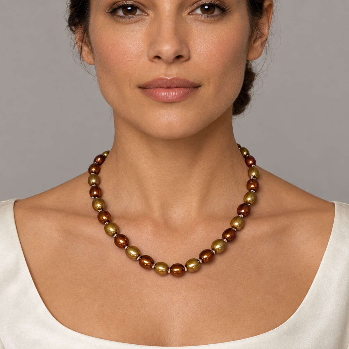 Model wearing the Lesunja Yellow Gold Brown Cultured Pearls Necklace