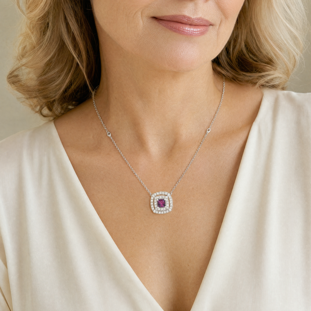 Model wearing the Lesunja Necklace White Gold Lila & White Diamond