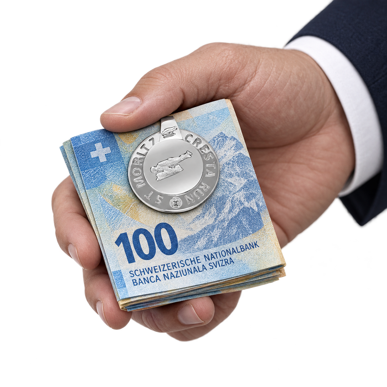Model wearing the Lesunja Money Clip St. Moritz Cresta Run Silver