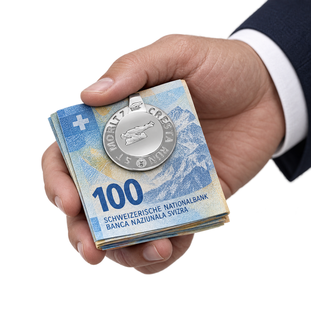 Model wearing the Lesunja Money Clip St. Moritz Cresta Run Silver