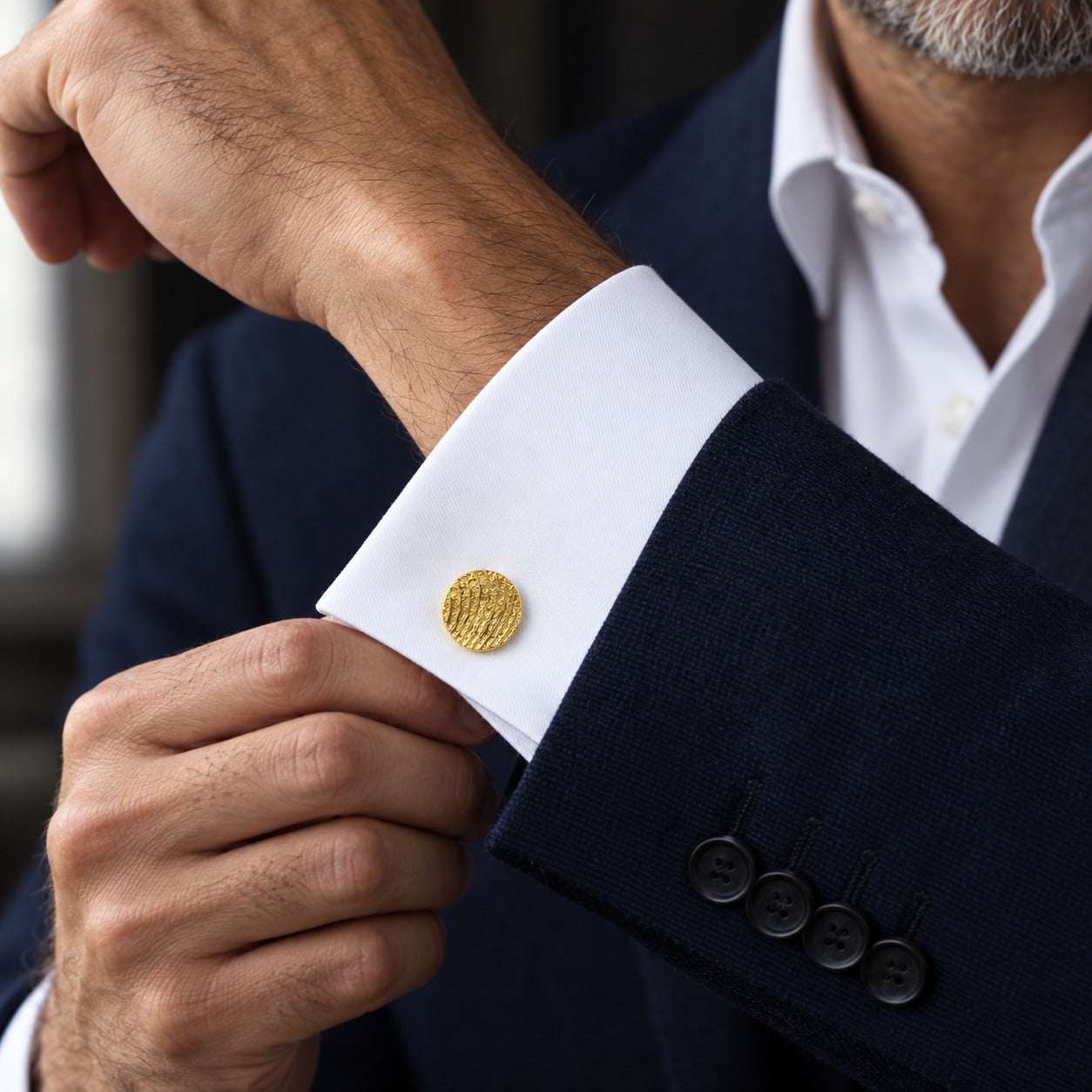 Model wearing the Lesunja Cufflinks Yellow Gold Sepia Round by Lesunja Fine Jewellery – AI-generated visualisation