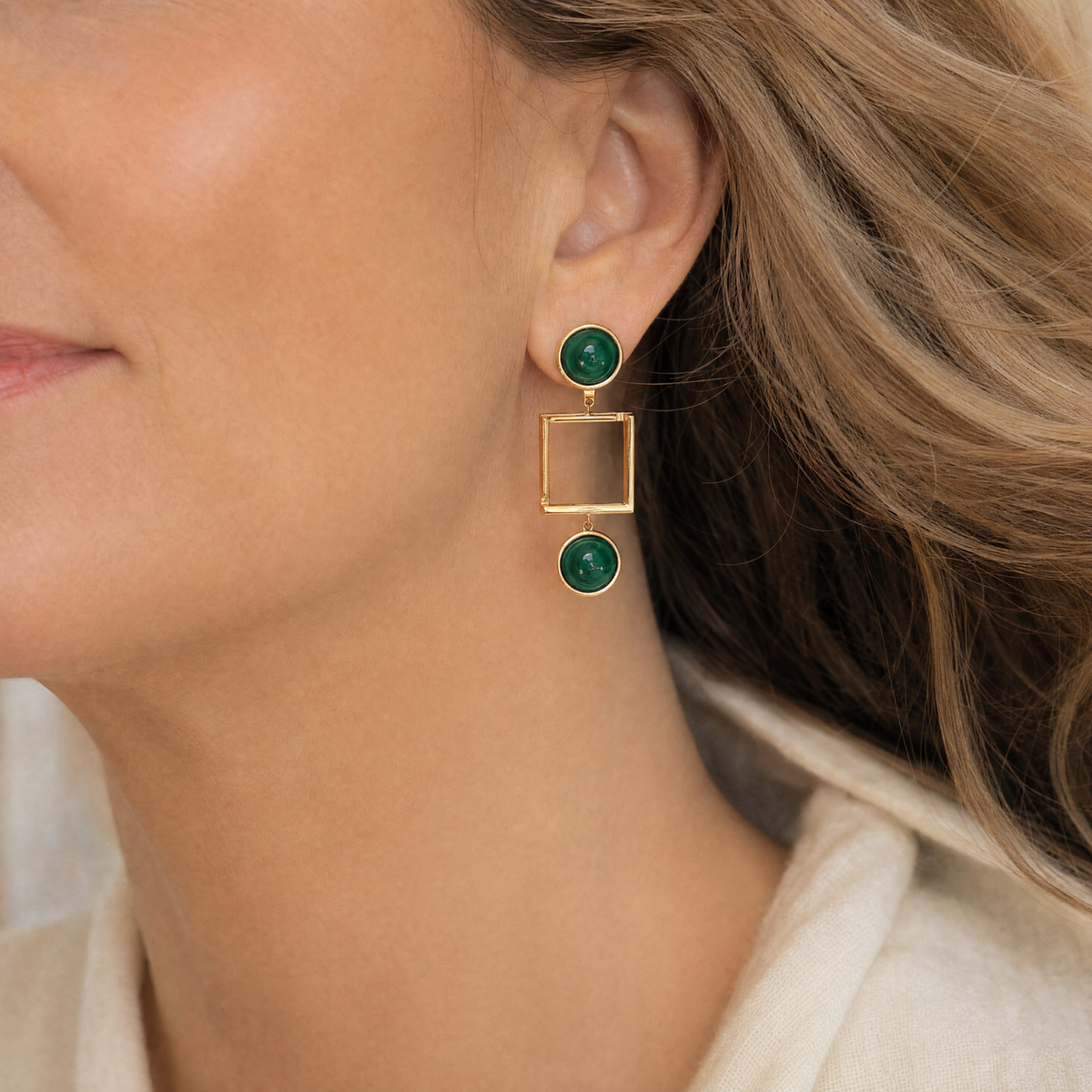 Model wearing the Lesunja L Collection Ear Studs Yellow Gold Malachite