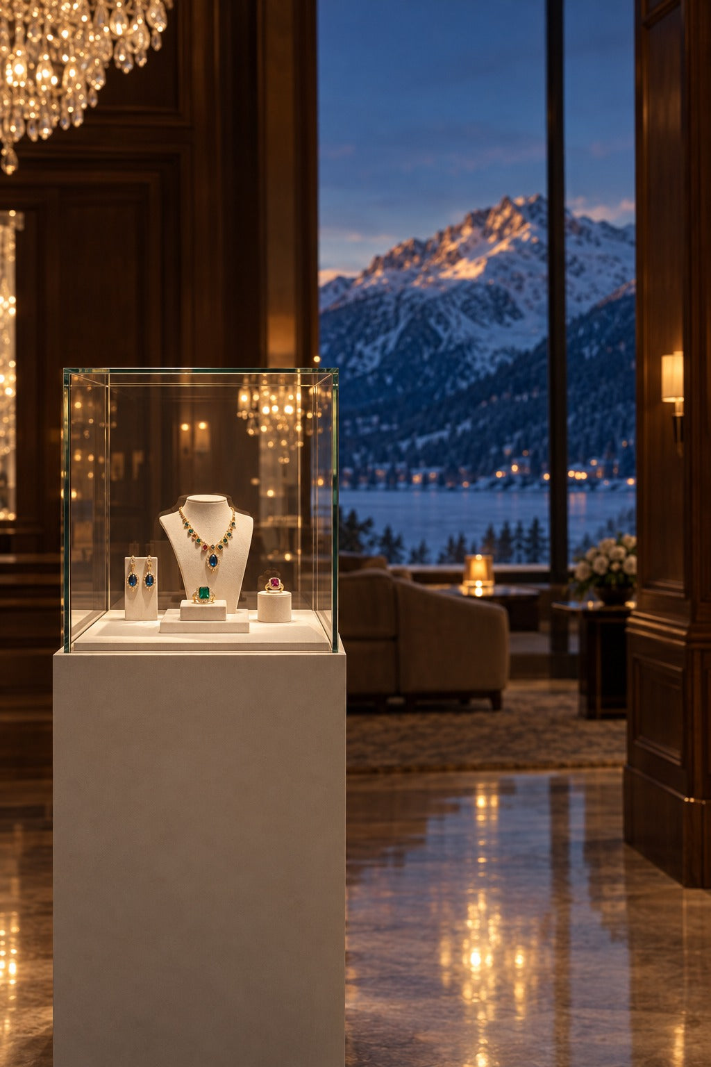 Lesunja Vitrine in einer Hotellobby in St. Moritz