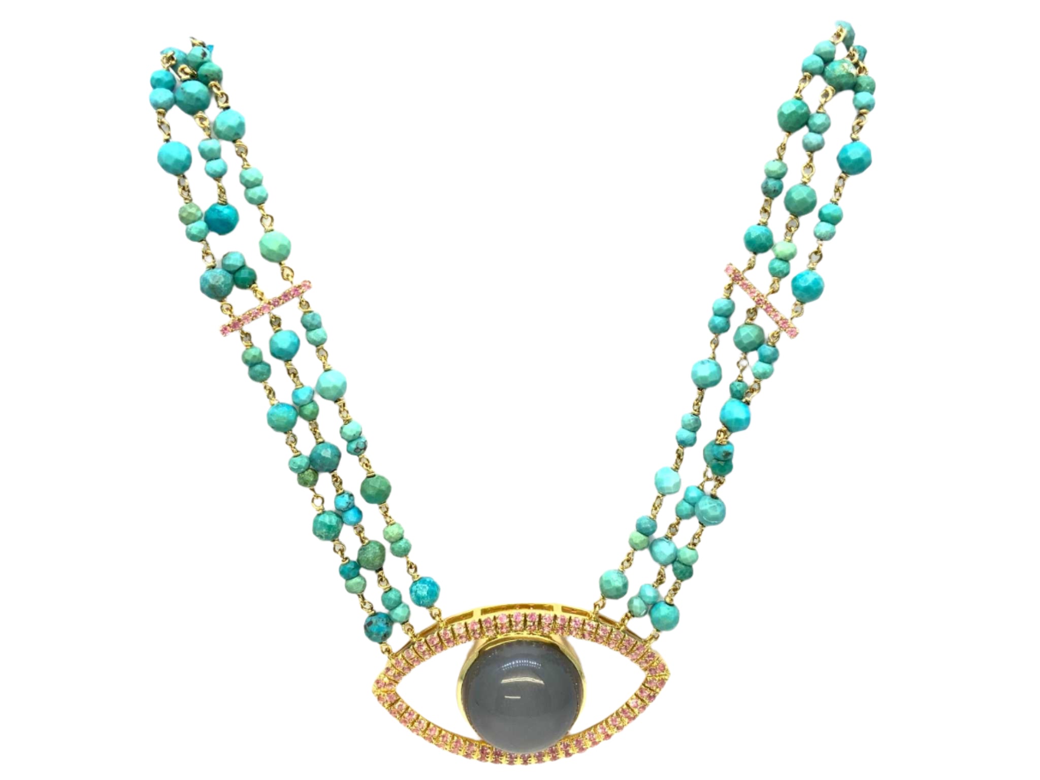 Lesunja Moonstone Tourquis sapphire Gold Necklace, handmade fine jewellery from Switzerland