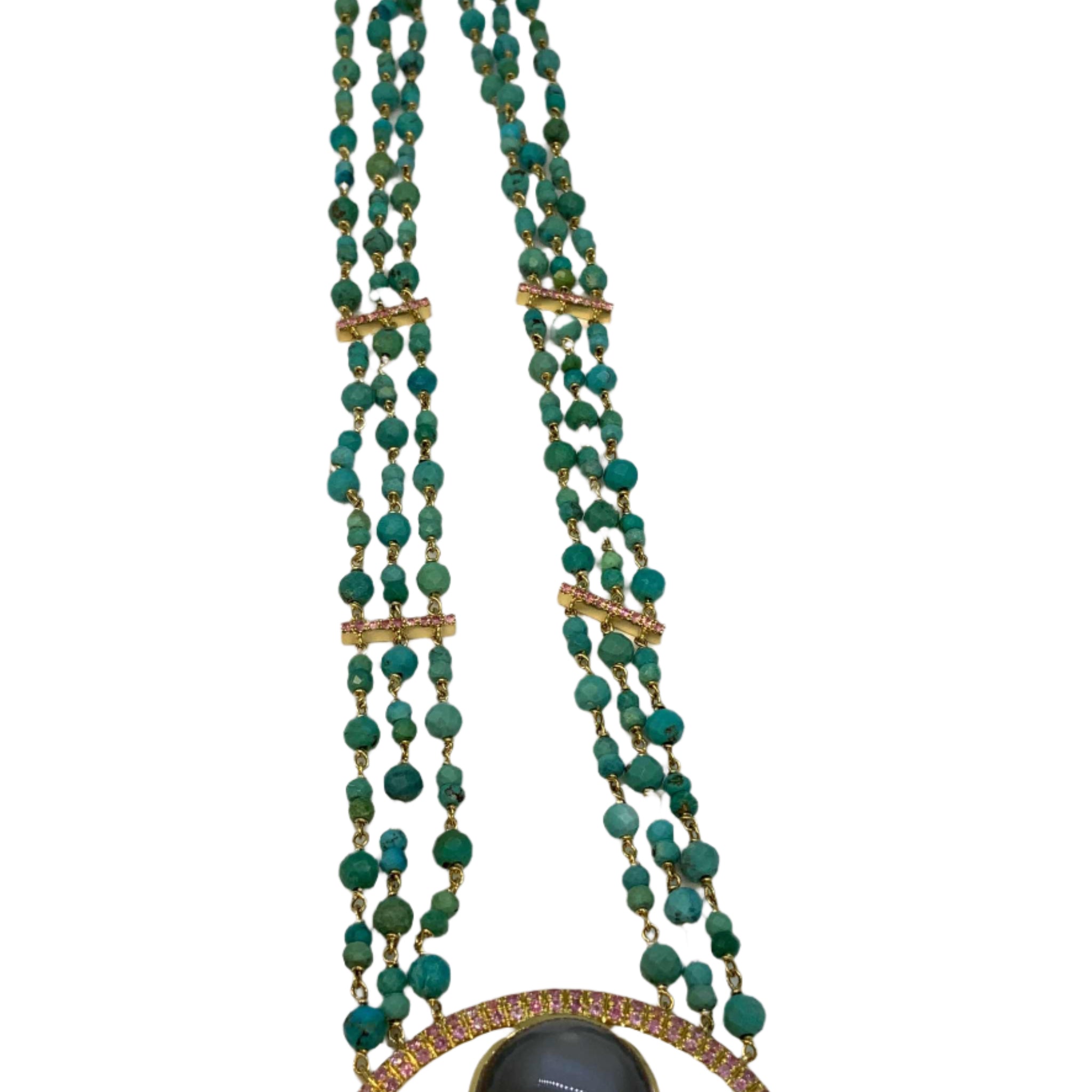 Lesunja Moonstone Tourquis sapphire Gold Necklace, detail view, Lesunja atelier Zurich