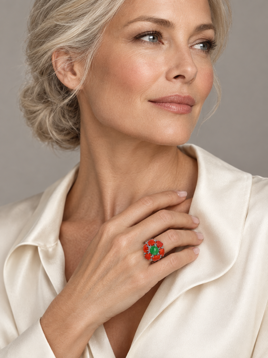 Model wearing the Lesunja Magnifique Jade And Coral Platinum Ring