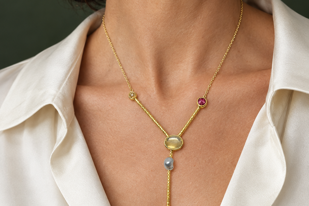 Model wearing the Lesunja Sepia Yellow Gold Collier