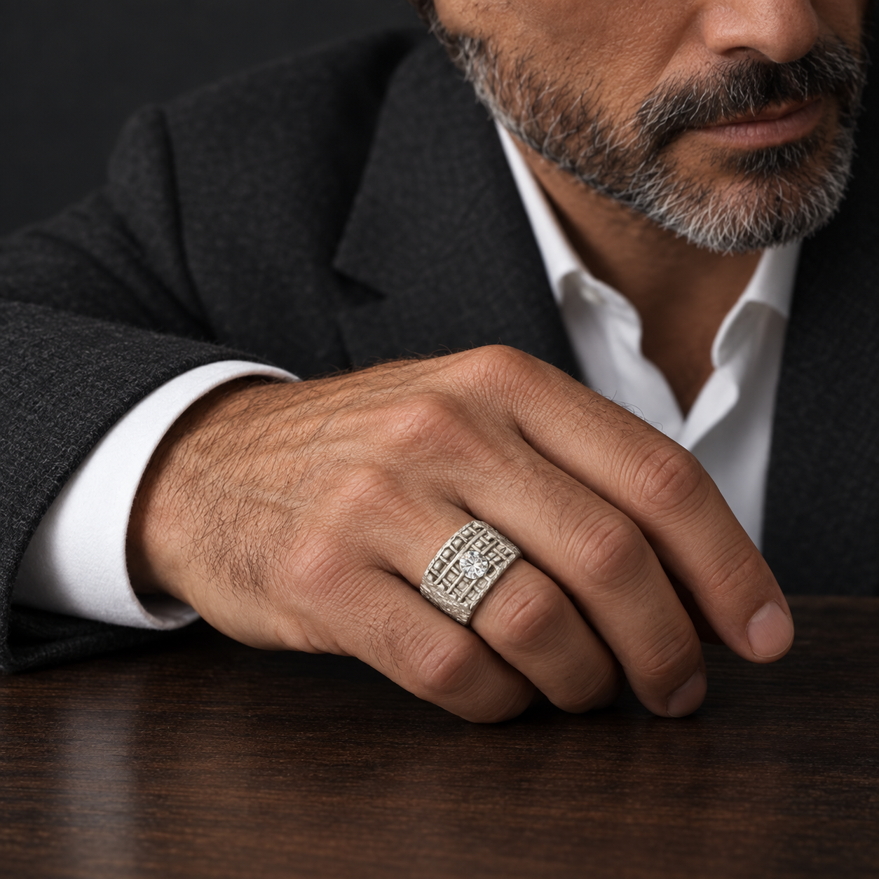 Model wearing the Lesunja Mountain Signet Ring Moissanite
